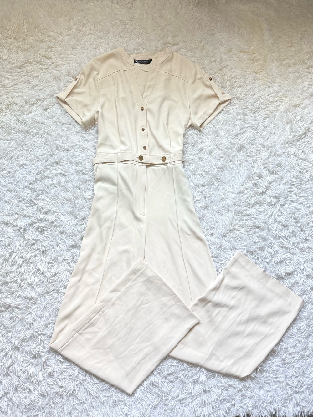 Zara Cream Short-Sleeve Button-Front Jumpsuit